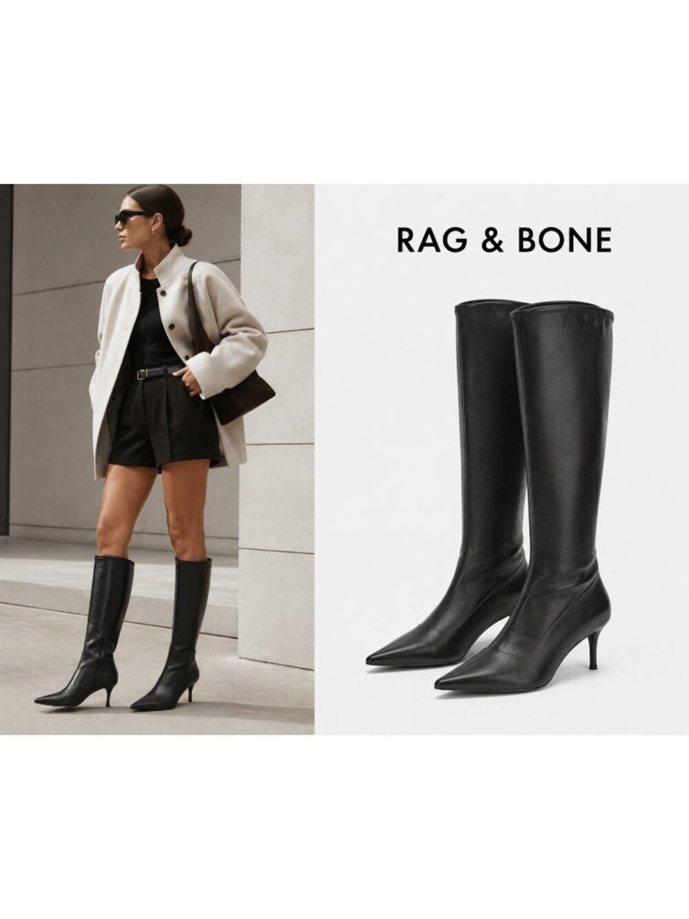 Rag & Bone Mercer Leather Knee High Boots Black Pointed Toe Kitten Heel EU 37